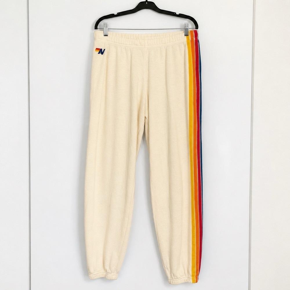 Aviator Nation Rainbow 5 Stripe Sweatpants Joggers Cream White Women's Large